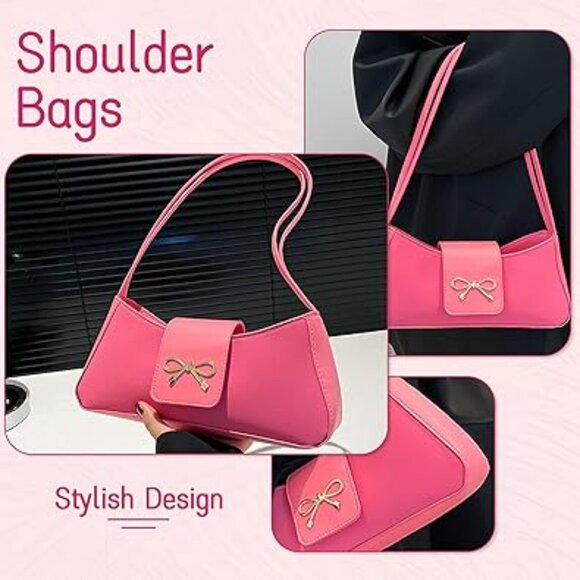 Y2K Hobo Shoulder Bag Women Purse Handbag Crescent Bow Pink Clutch Classy - Picture 4 of 5